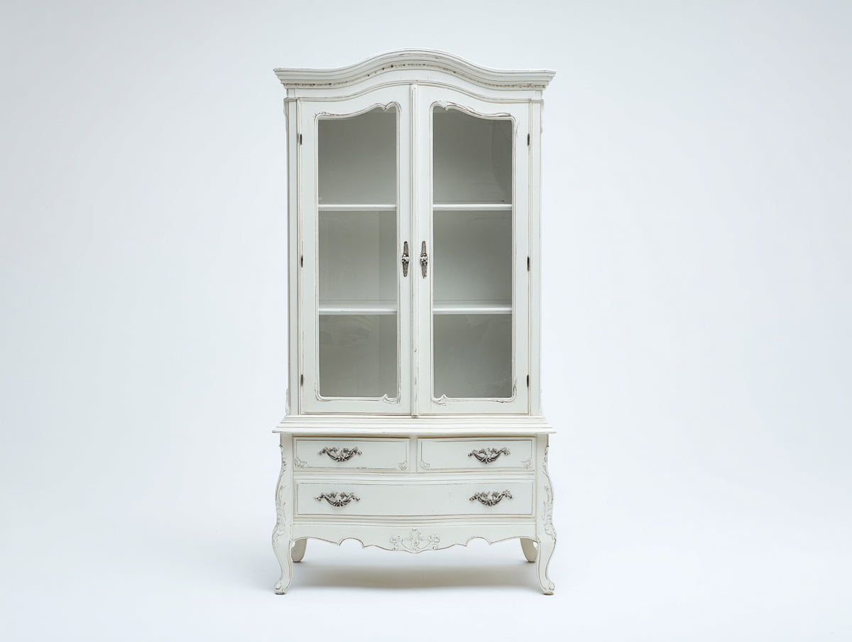 Librerie-Legno-Vetro-106x45x197 cm-Bianco crema anticato-Stile francese vintage