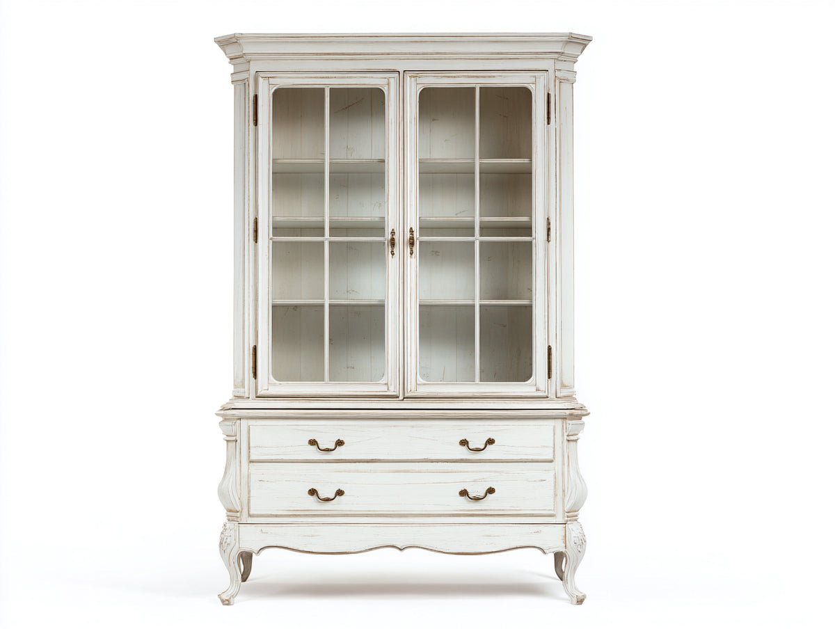Librerie-Legno-Vetro-120x48x195 cm-Bianco anticato-Stile francese