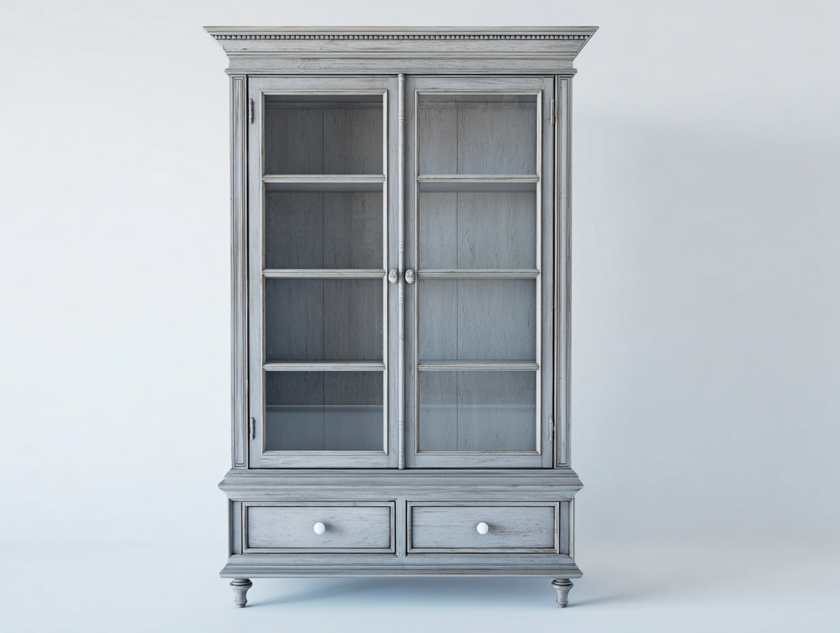 Librerie-Legno-Vetro-112x47x198 cm-Grigio decapato-Stile classico vintage
